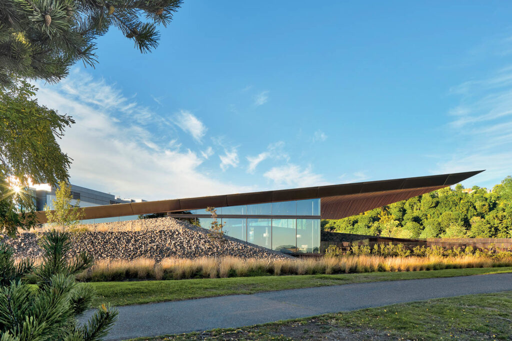 the exterior of the prow with a green roof