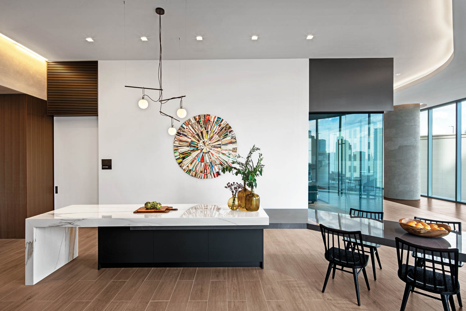 in the resident kitchen, a 23-foot-long island-table