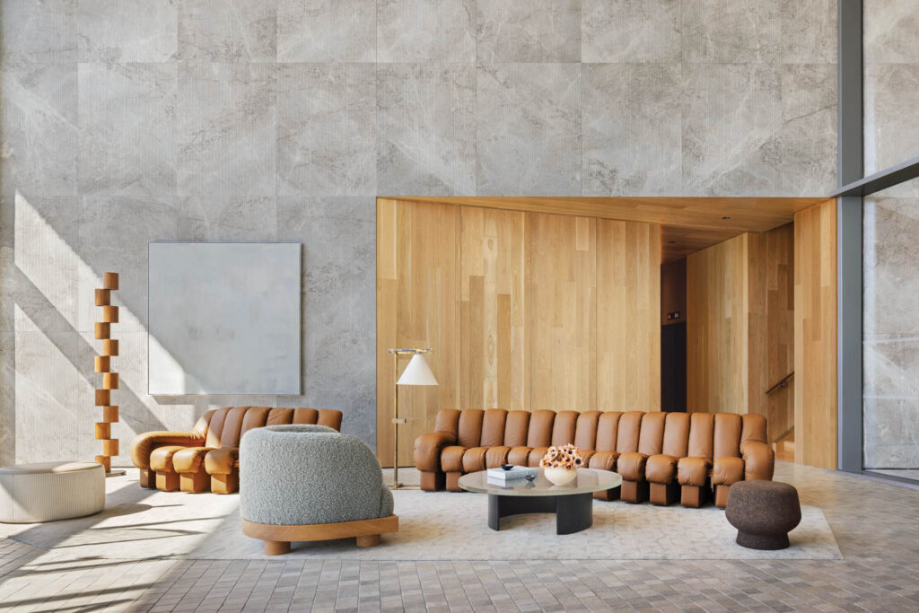 inside a tower lobby at a residential complex in Greepoint, Brooklyn