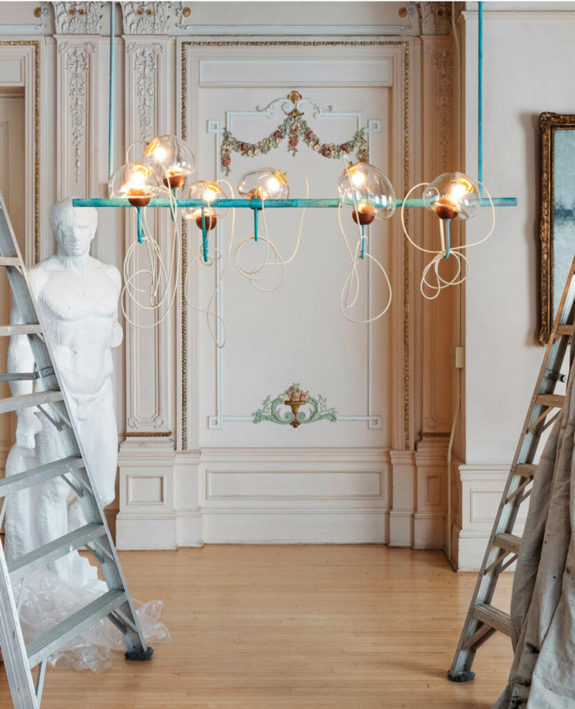 room with amorphous lighting, white statue and ladders