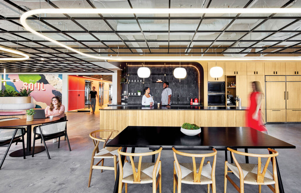 dining space with wooden themes and black tables