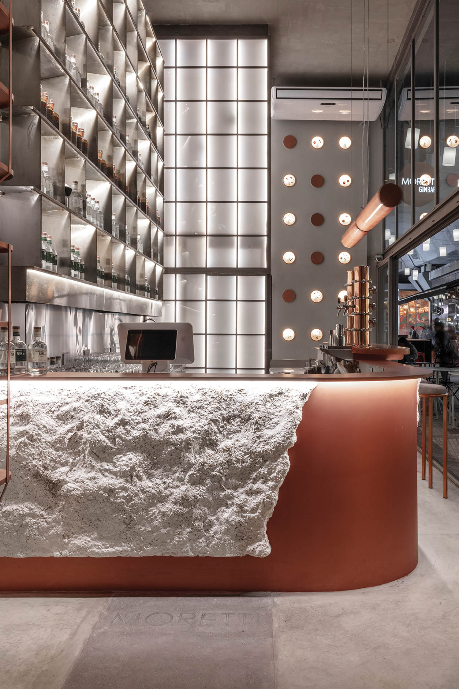 shot of gin bar with bright white snowy accents