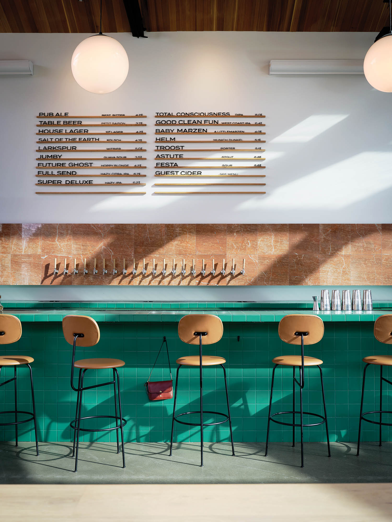 mint green bar with wooden bar stools