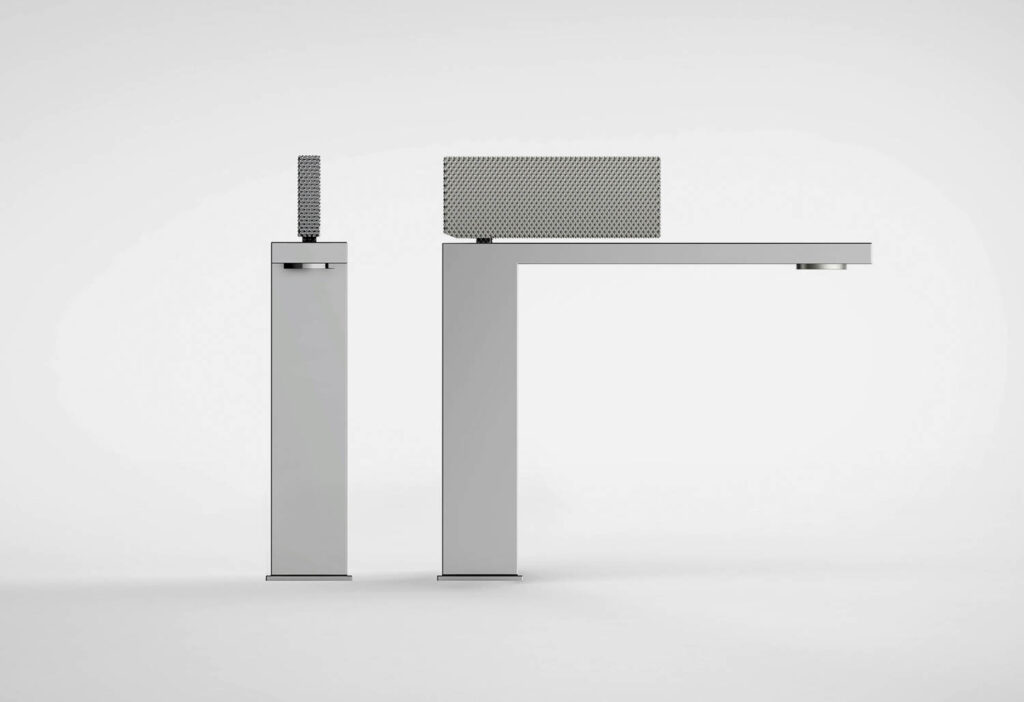 silver faucet handles in a 90-degree angle