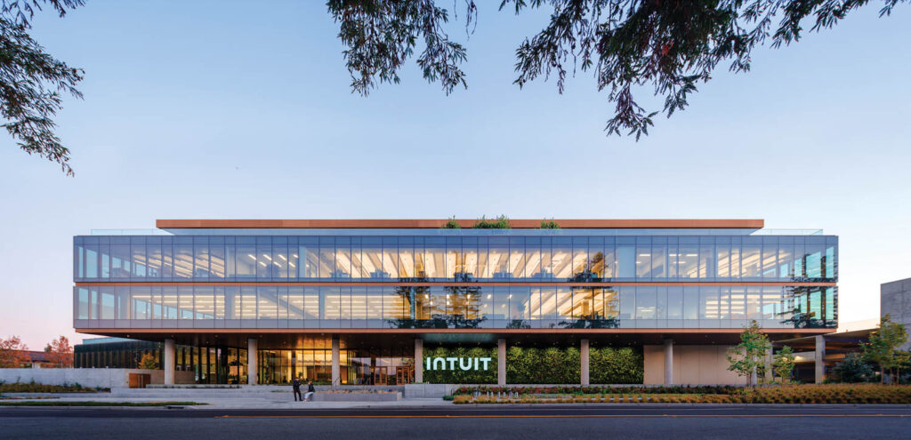 exterior of Intuit workplace building with glass windows