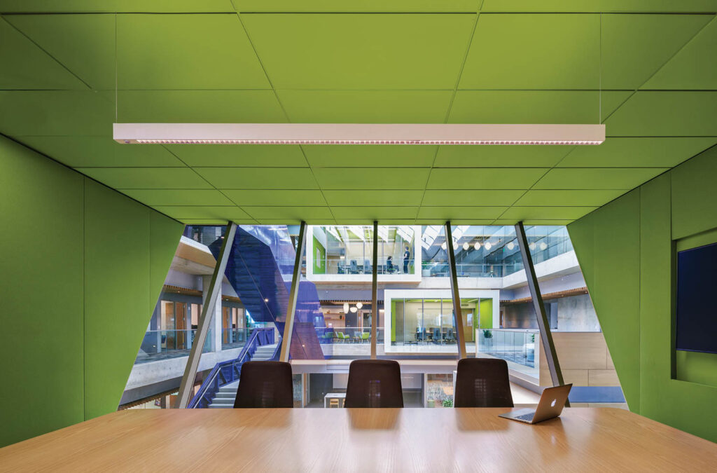 conference room with lime green ceiling